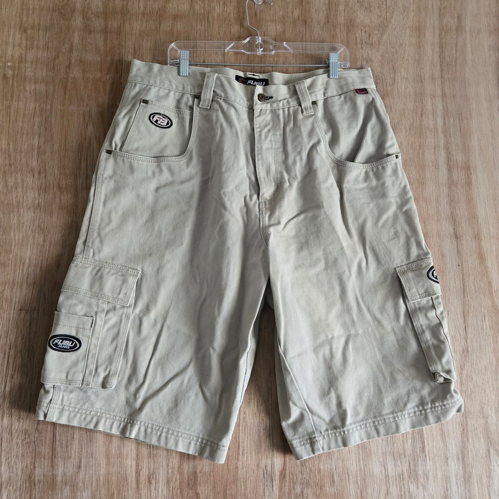 Vintage 90s FUBU Jeans Collection Mens 38 Khaki Cargo Shorts Baggy Hip Hop Urban